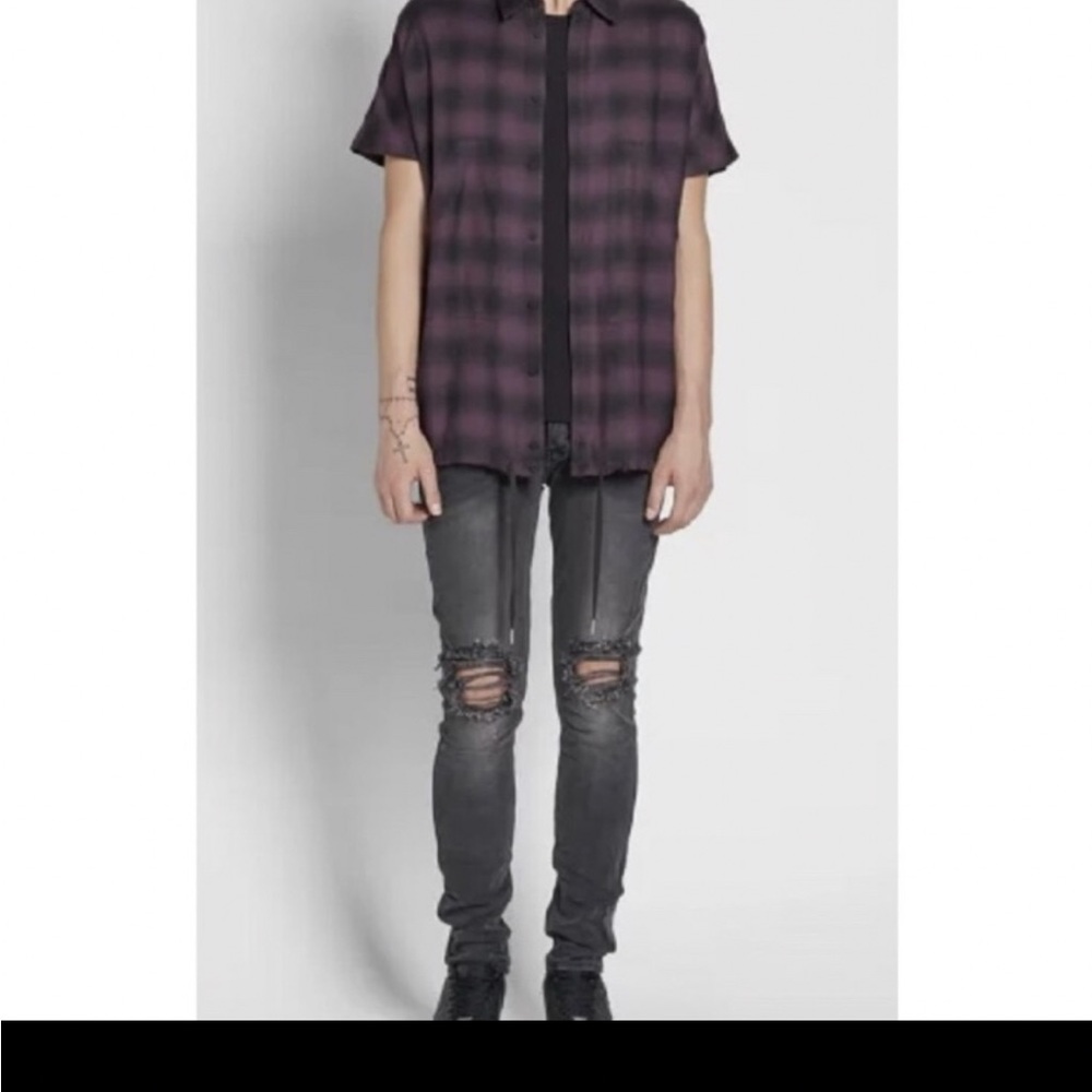 A Helmut Lang Purple and Black Plaid Short Sleeve Button-Down Shirt